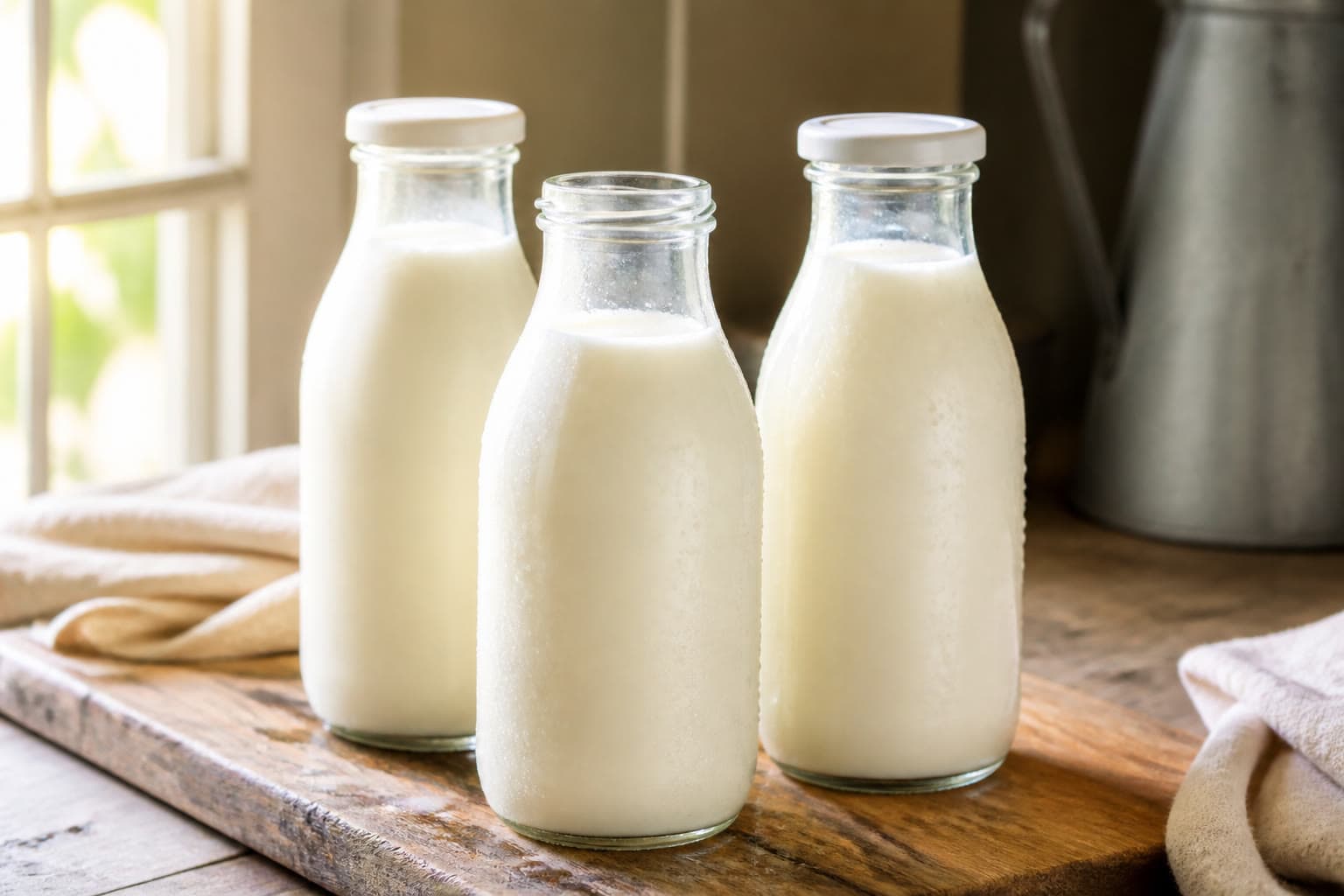 木の台に並ぶ牛乳の瓶。